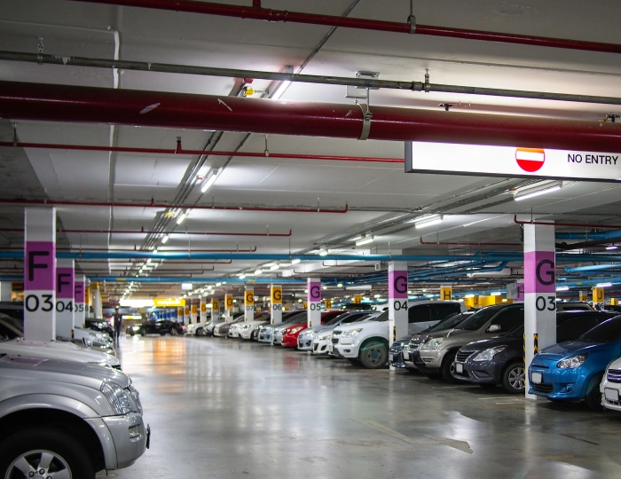 Parking garages and apartment blocks