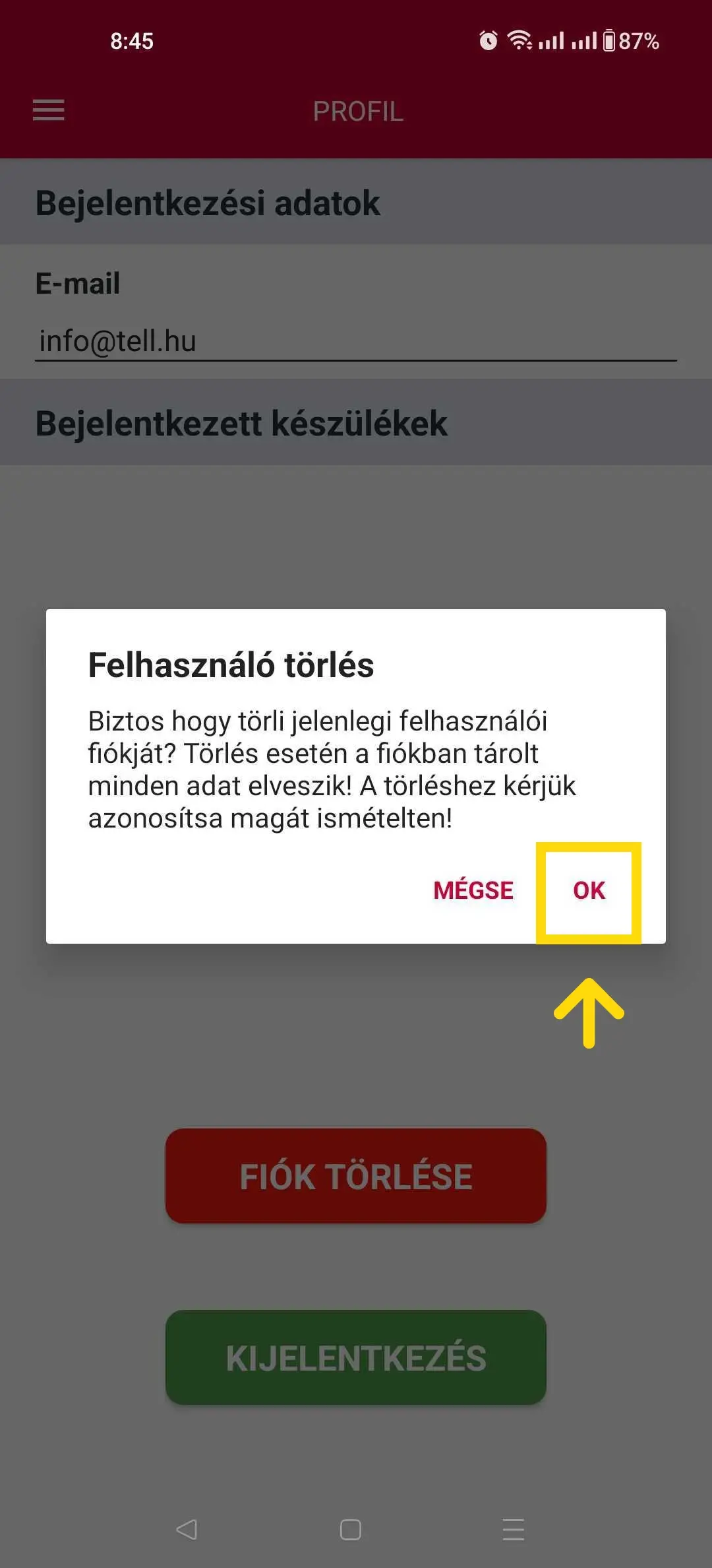 Gate Control user app törlés